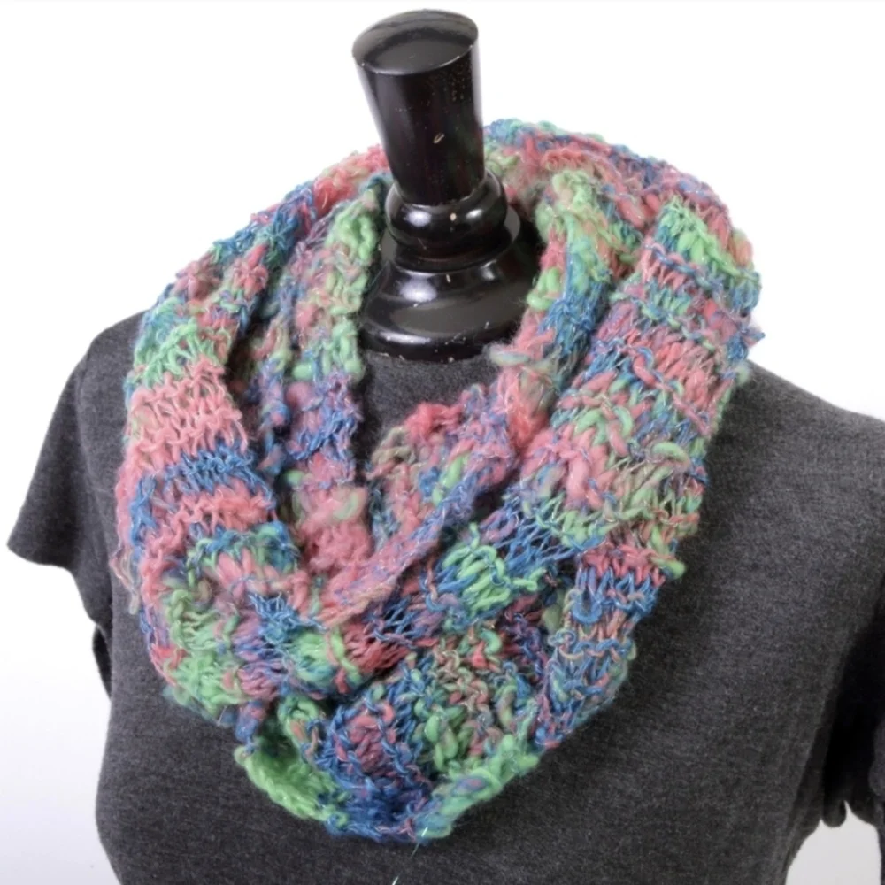 Scarf Handknit from Hand Spun Yarn Wool Bamboo & Silver Thread Handmade Unique